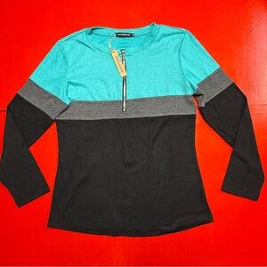 NWT ORANDESIGNE TURQUOISE GRAY BLACK 3/4 silver zipper long sleeve color block